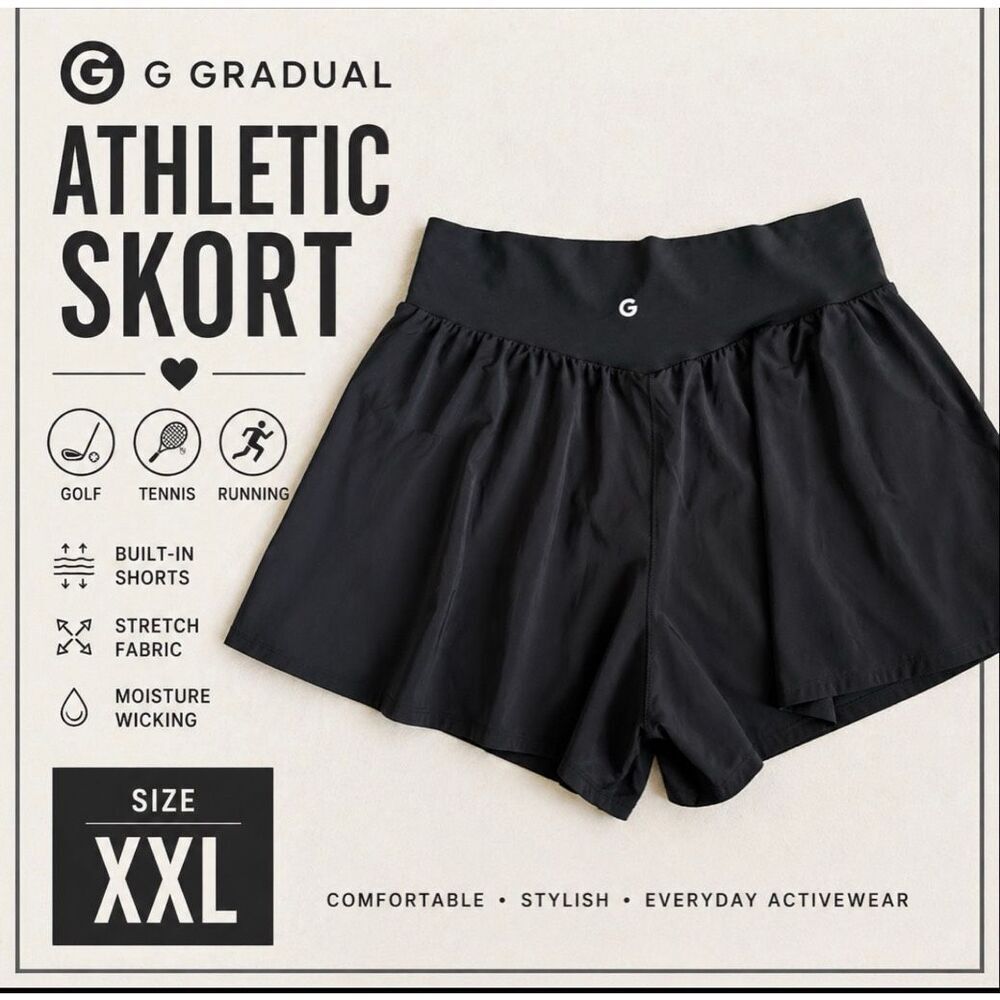 G Gradual Black Athletic Skort XXL Built-In Shorts Golf Tennis Running Activewea